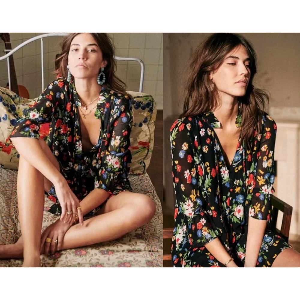 Sezane Floral Mini Dress - Black and Multicolor